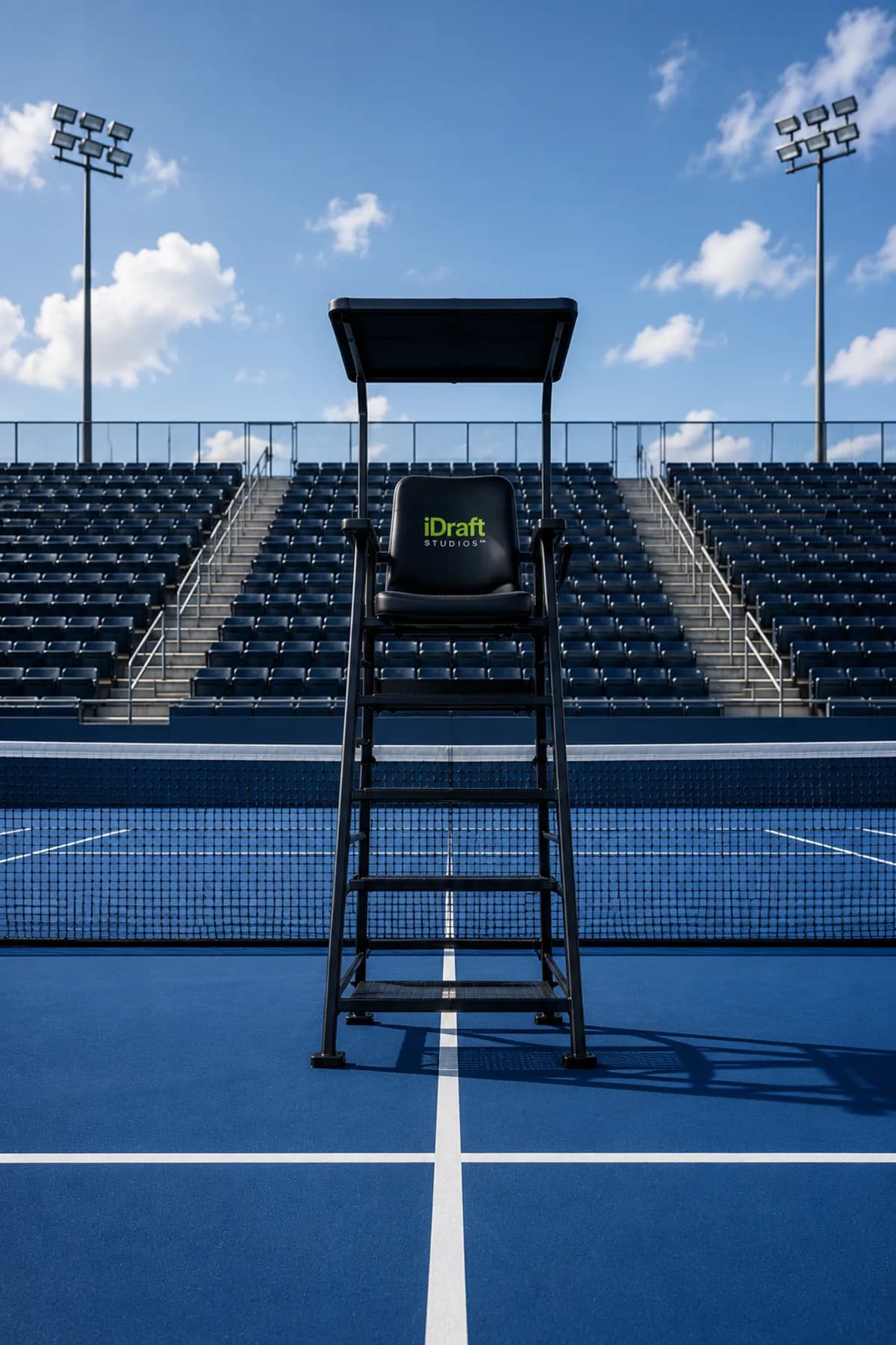 An umpire chair with the iDraft Studios logo, under open sky