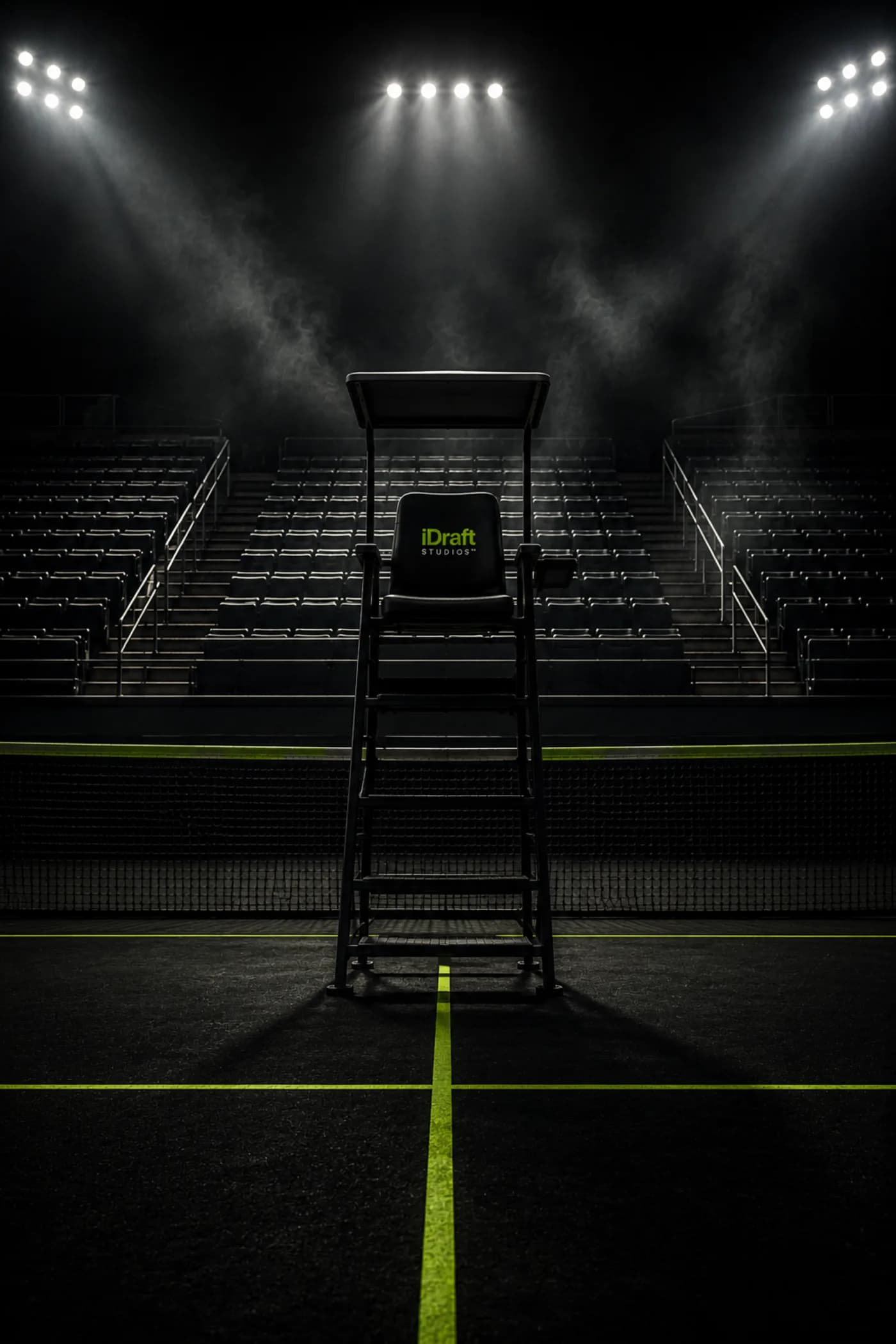An umpire chair on a floodlit night court, branded iDraft Studios